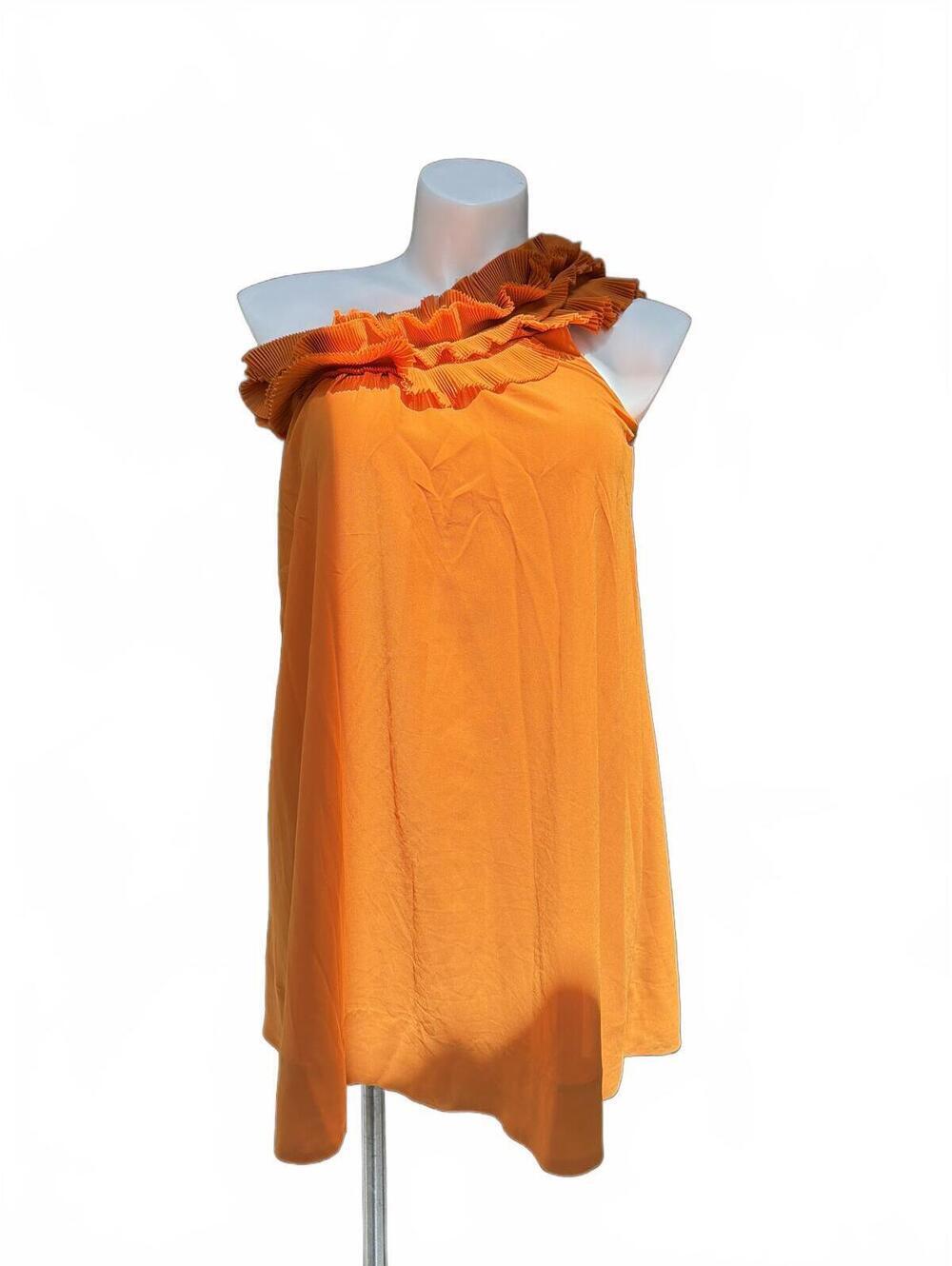 H&M Orange One Shoulder Ruffle Dress Pleated Swing Mini - Picture 4 of 7